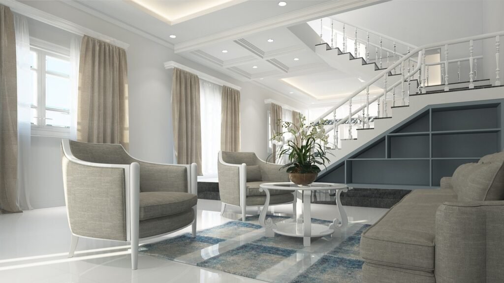 Art Deco inspired living room with brass mirror