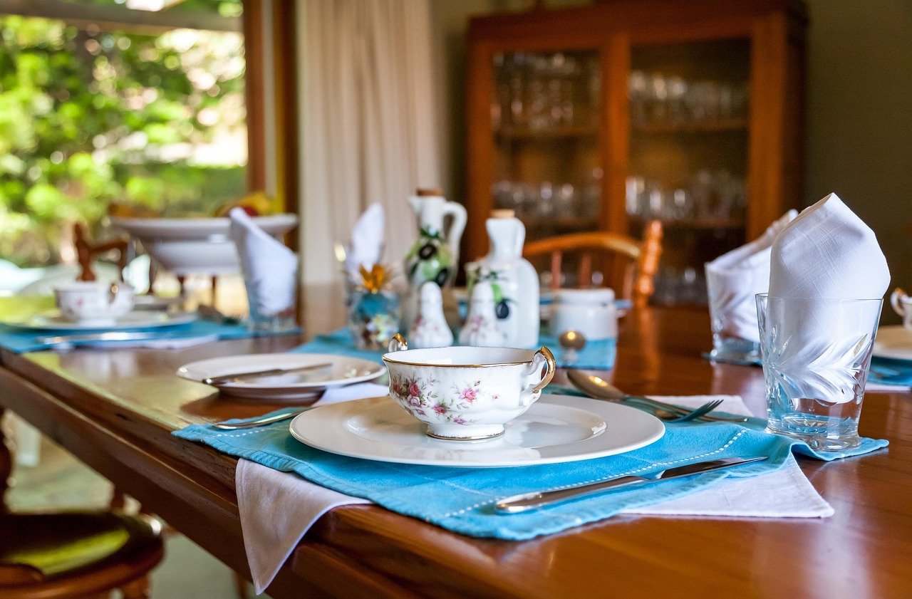 Dining room with dark wood table