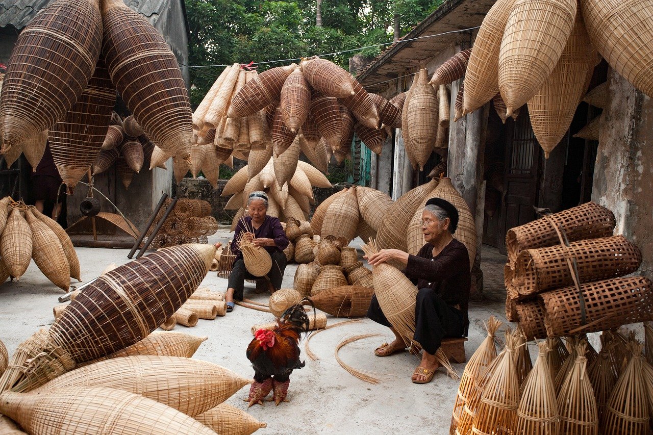 Woven wicker baskets stacked together