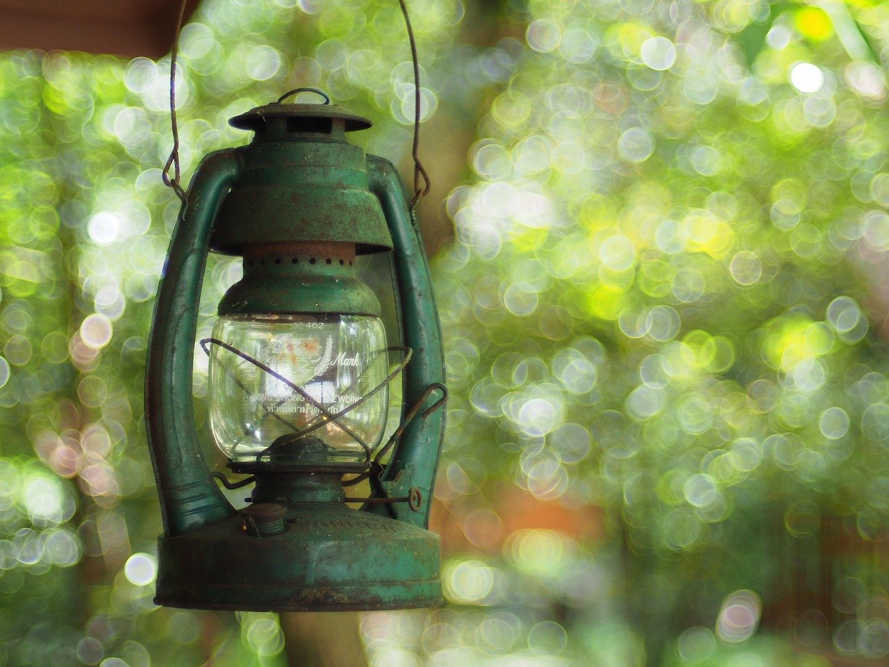 Outdoor lantern hanging in a natural garden setting
