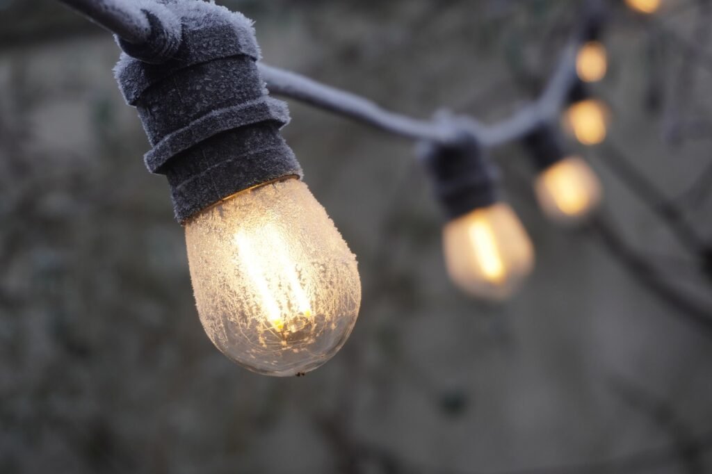 Warm layered string lights in a garden setting at dusk