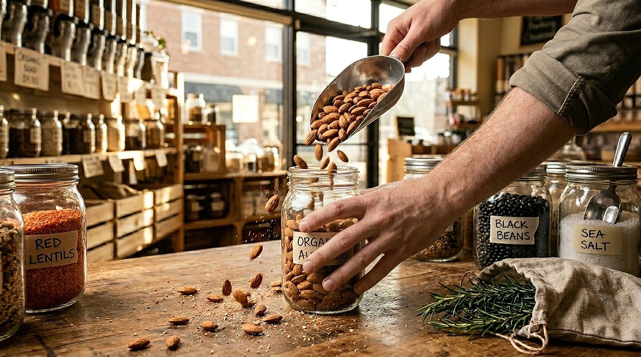 Refilling a glass jar in the pantry