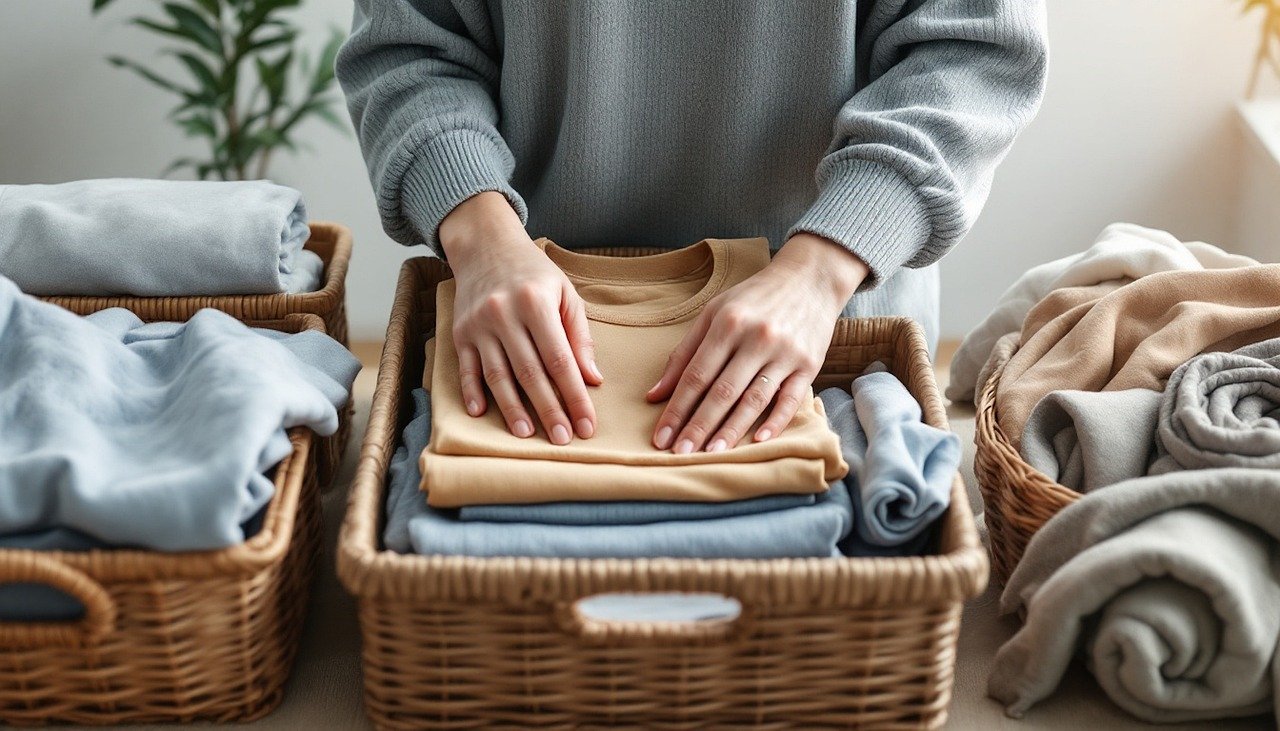 Person decluttering and folding clothes