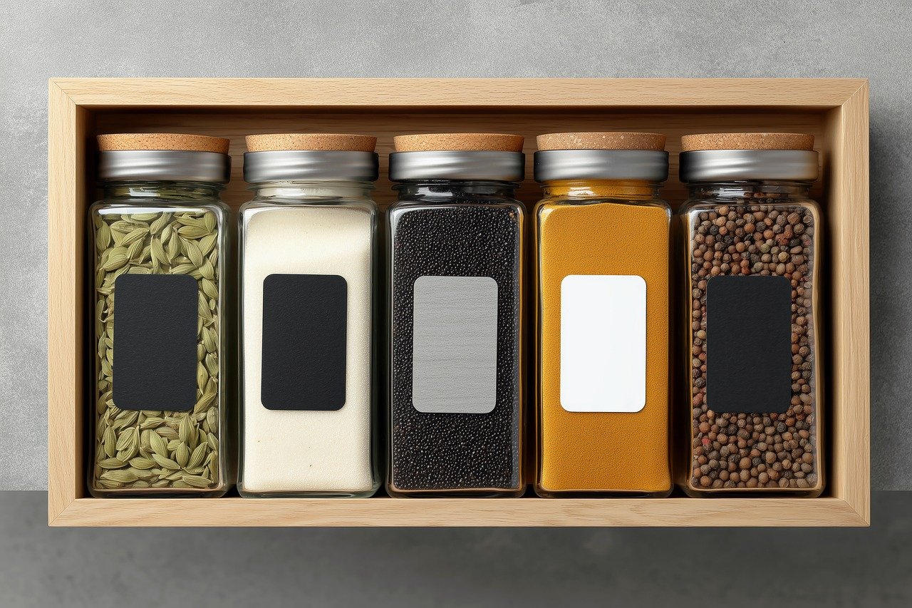 Pantry shelf with organized spice jars