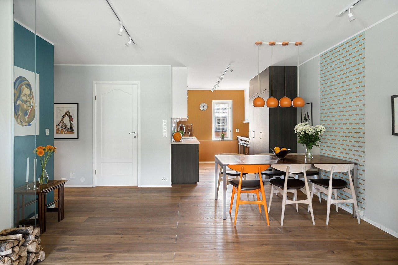 Dining area with pendant lighting