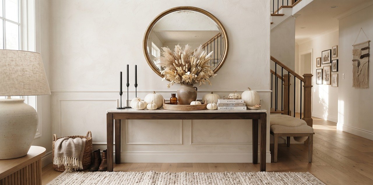 Entryway console table with autumn decor and mirror