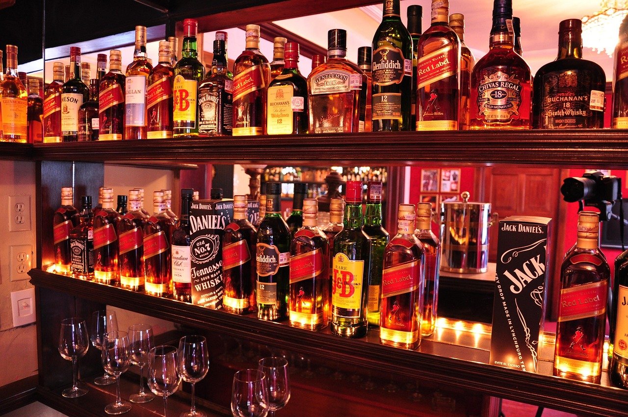 Bar shelf with glasses and bottles