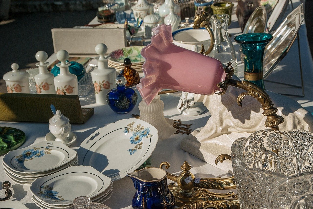 Flea market with furniture and objects on display