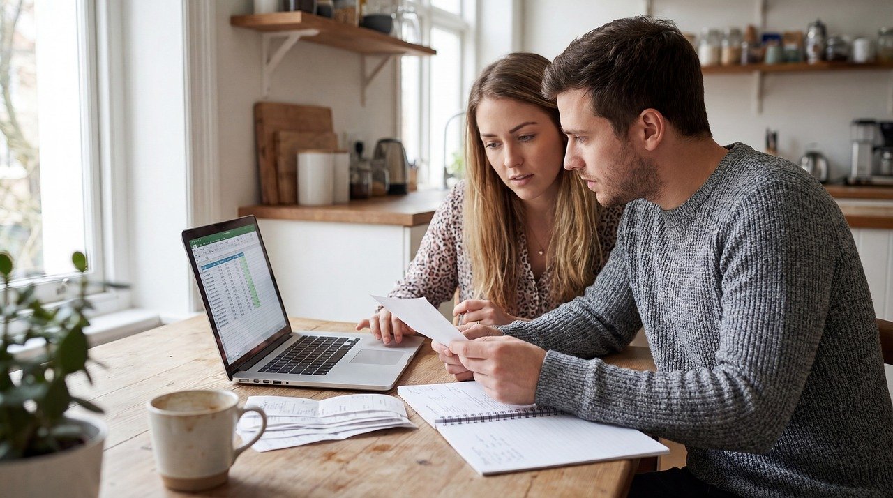 Couple reviewing finances and paperwork at home