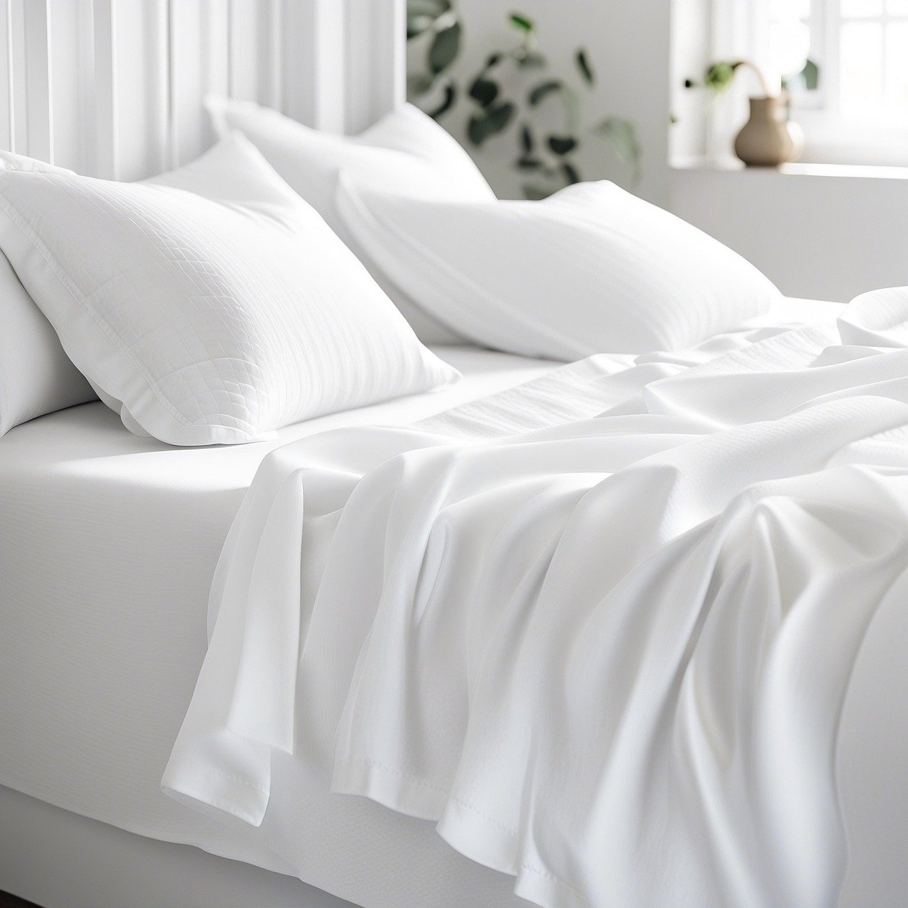 Neutral white bedding on a freshly made bed