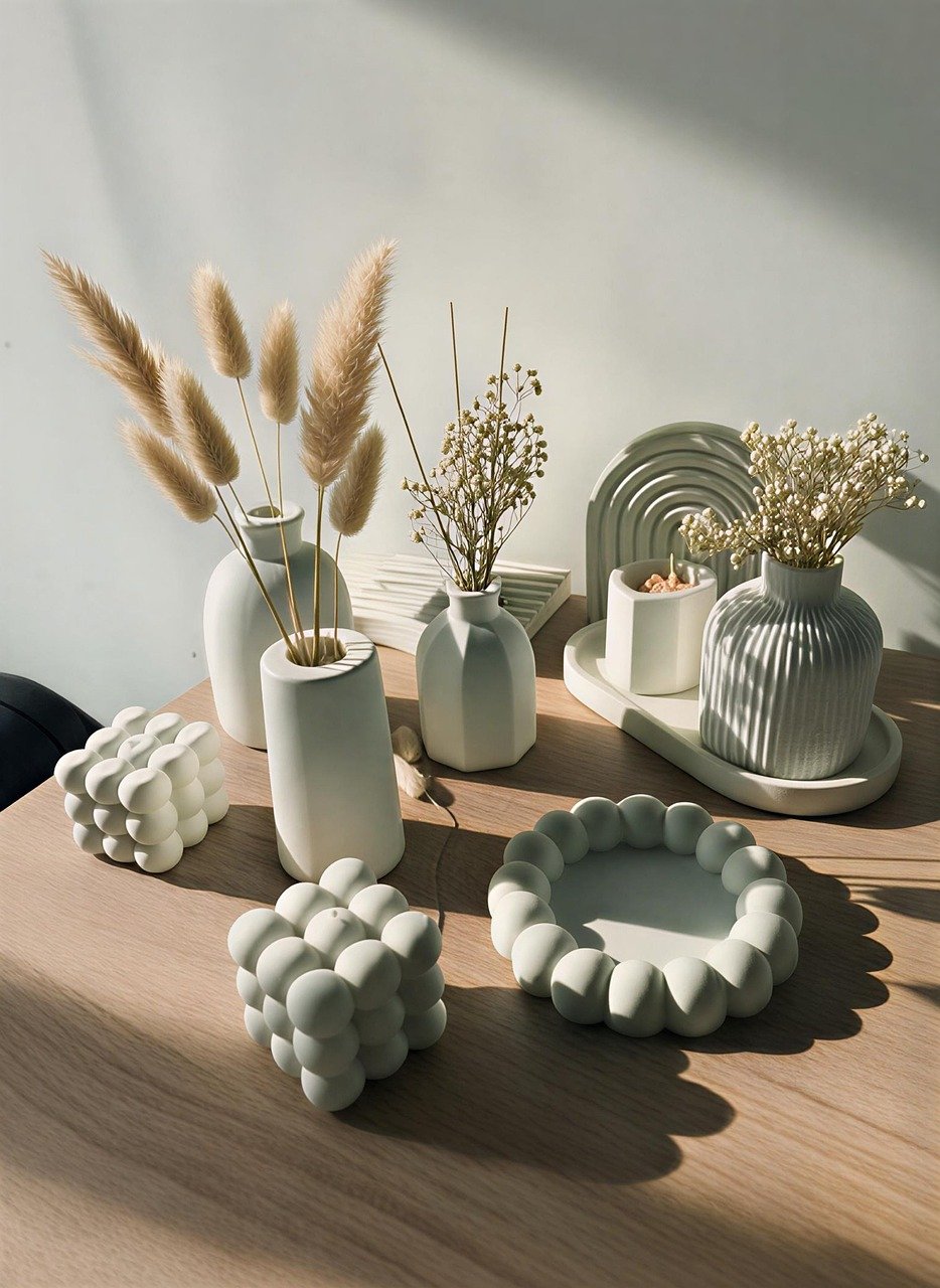 Ceramic vase with dried flowers as a table centerpiece