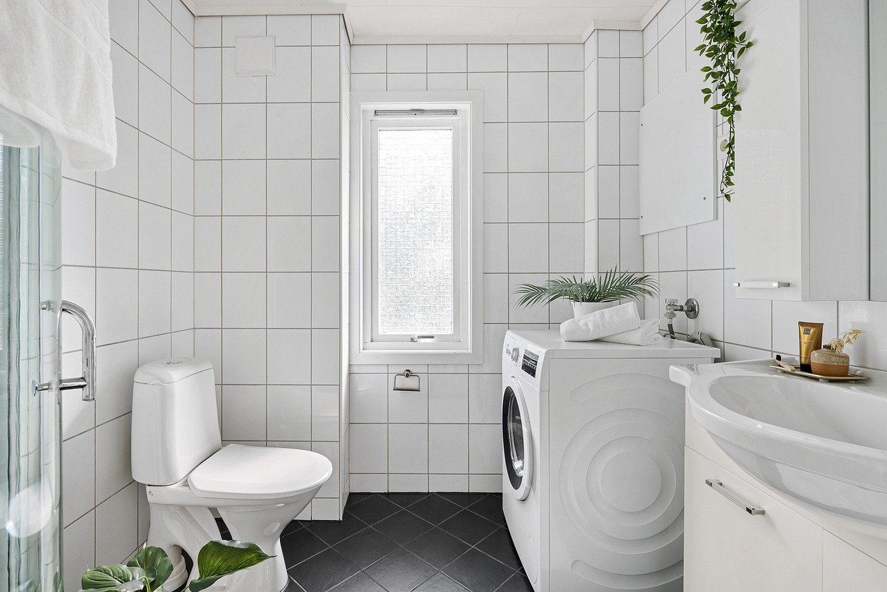 Bathroom shelf with neatly stored items