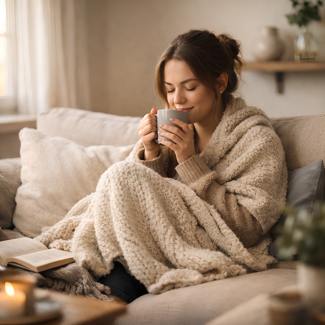 Relaxing at home with a warm drink on the sofa