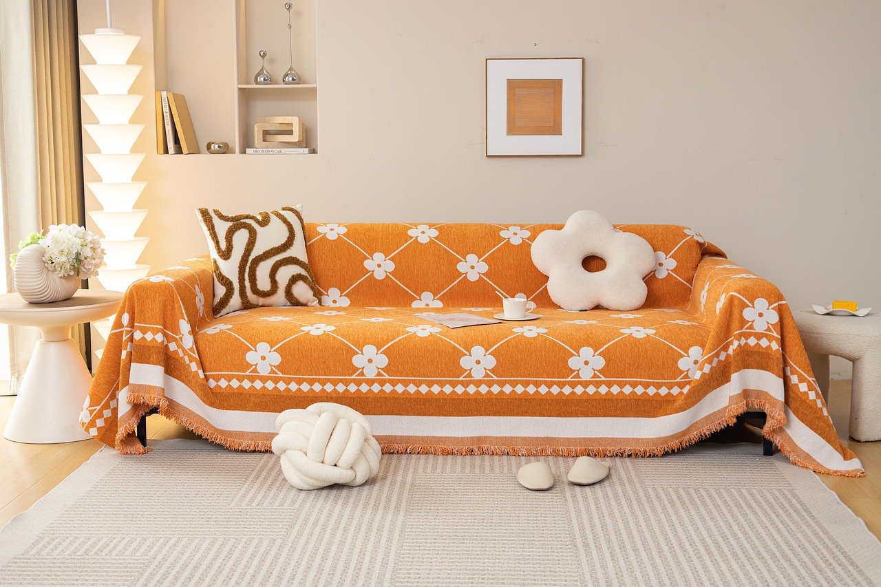 Cozy couch with a blanket